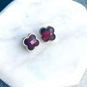 Faceted Clover Earrings Women Crimson Red Stud Gold Burgundy Floral Boho Jewelry